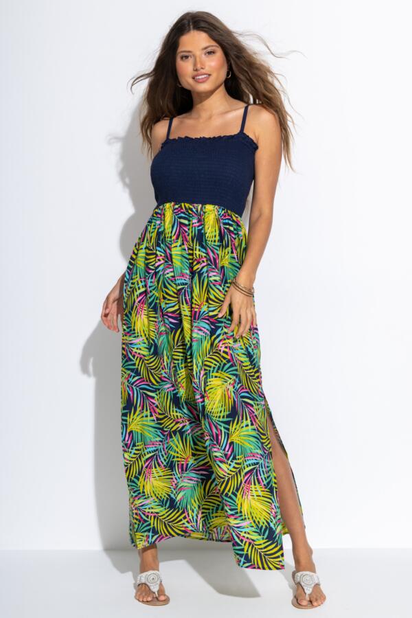 Strapless Shirred Split Maxi Beach Dress