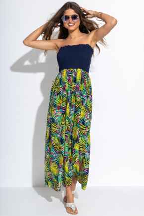 Strapless Shirred Split Maxi Beach Dress - Navy Fern