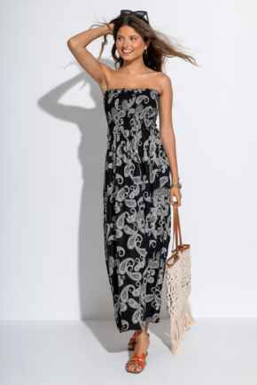 Strapless Shirred Bodice Maxi Beach Dress - Black Paisley