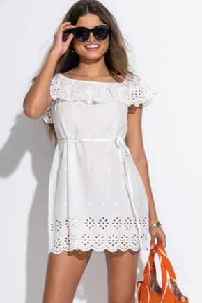 Cotton Broderie Bardot Mini Beach Dress - White