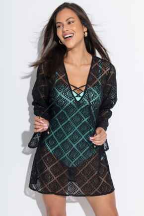 Free Spirit Crochet Lace Long Sleeve Beach Cover Up - Black