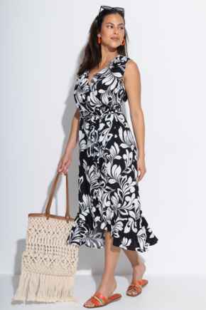 Midaxi Wrap Beach Dress - Black/White