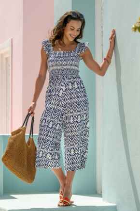 Frill Detail Cotton Slub Crop Leg Jumpsuit - Blue/White