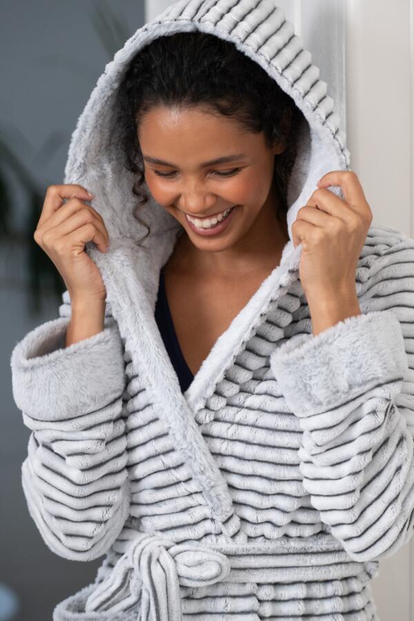 Cosy Ribbed Fleece Midi Hooded Dressing Gown