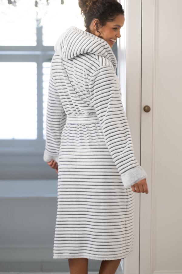 Cosy Ribbed Fleece Midi Hooded Dressing Gown