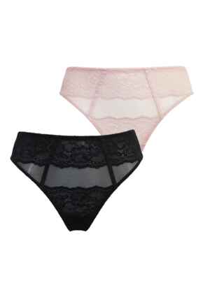 Mesh and Lace Thong 2 Pack - Black/Soft Pink