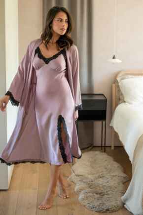 Dusk Satin and Lace Midi Chemise - Mauve/Black