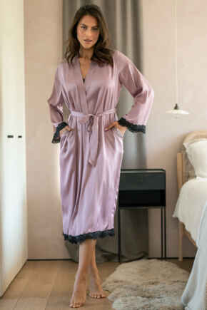 Dusk Satin and Lace Kimono Sleeve Dressing Gown - Mauve/Black