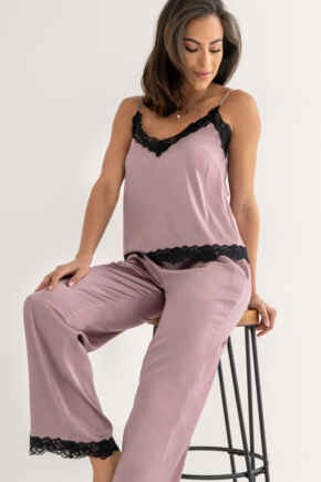 Dusk Satin and Lace Cami and Trouser Pyjama Set - Mauve/Black