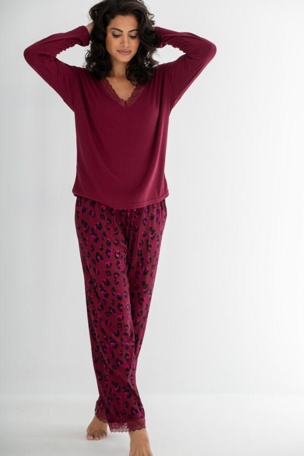 Brushed Rib Lace Trim V-Neck Lounge Pyjama Set