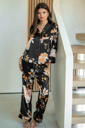 Dusk Printed Satin Revere Collar Pyjama Set - Black/Gold