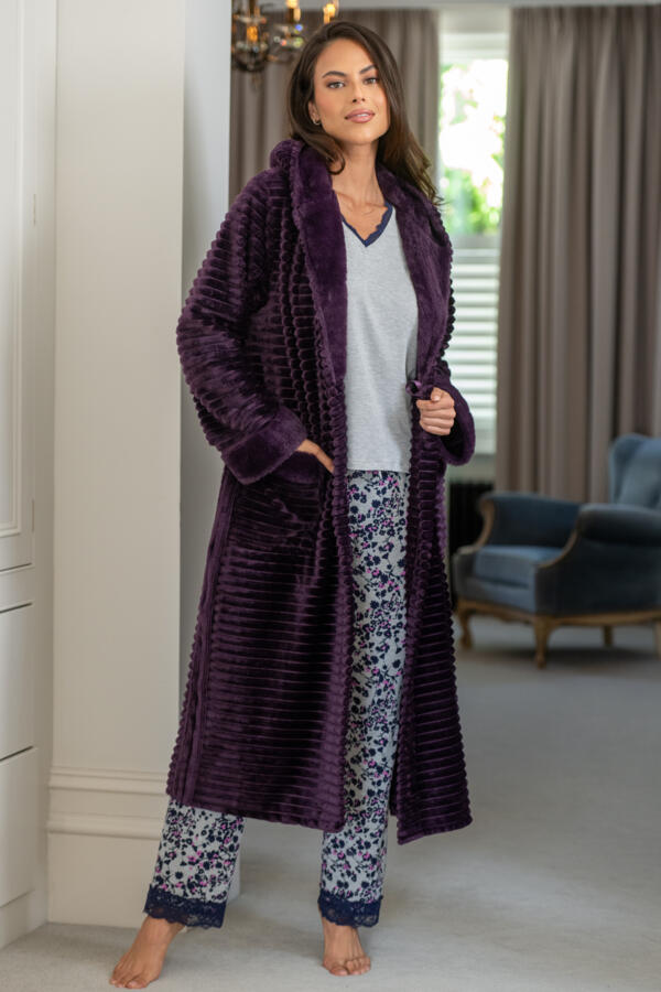 Cosy Ribbed Fleece Midi Hooded Dressing Gown