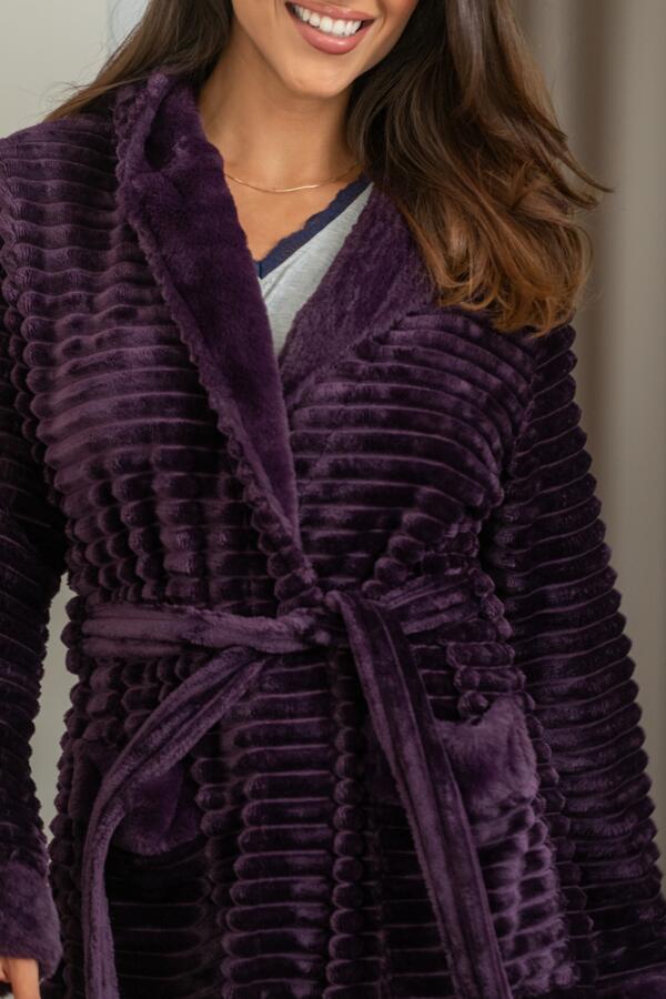 Cosy Ribbed Fleece Midi Hooded Dressing Gown