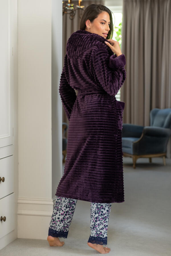 Cosy Ribbed Fleece Midi Hooded Dressing Gown