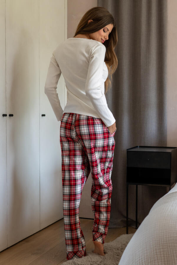 Rib Jersey Lace Trim Henley Top & Check Trouser Pyjama Set