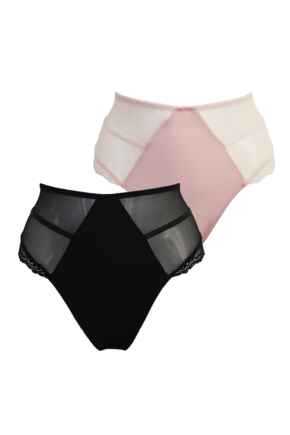 Mesh and Lace Deep Brief 2 Pack - Black/Soft Pink