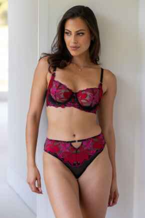 Roxanne Embroidered High Leg Mesh Brief - Black/Red/Pink