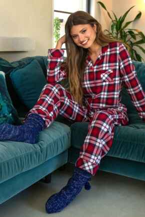 Cosy Check Pyjama & Sock Gift Bundle - Red/Navy/White