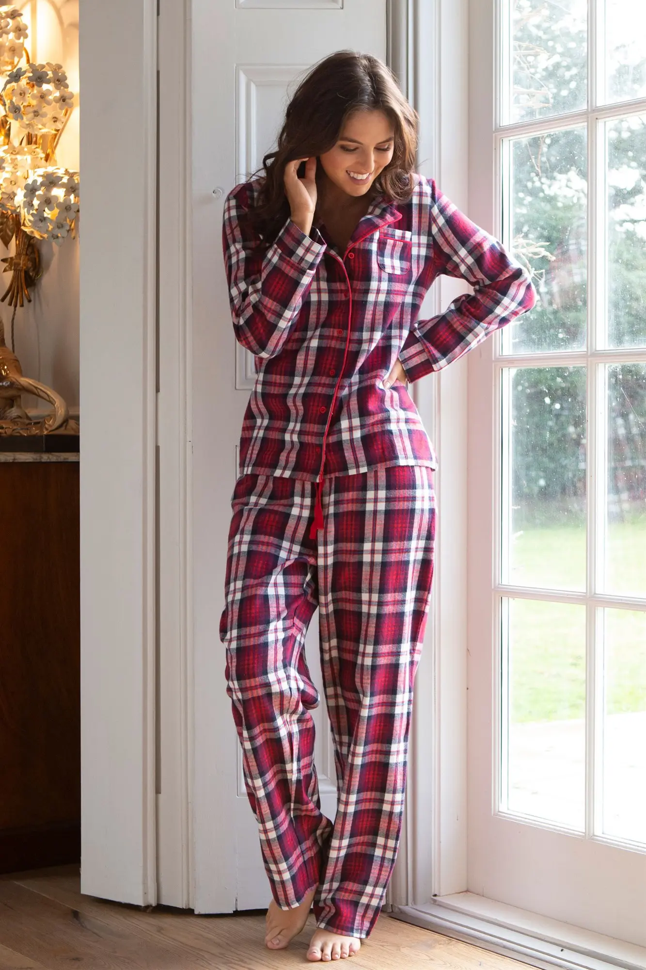 Cosy Check Brushed Cotton Pyjama Set | Red | Pour Moi