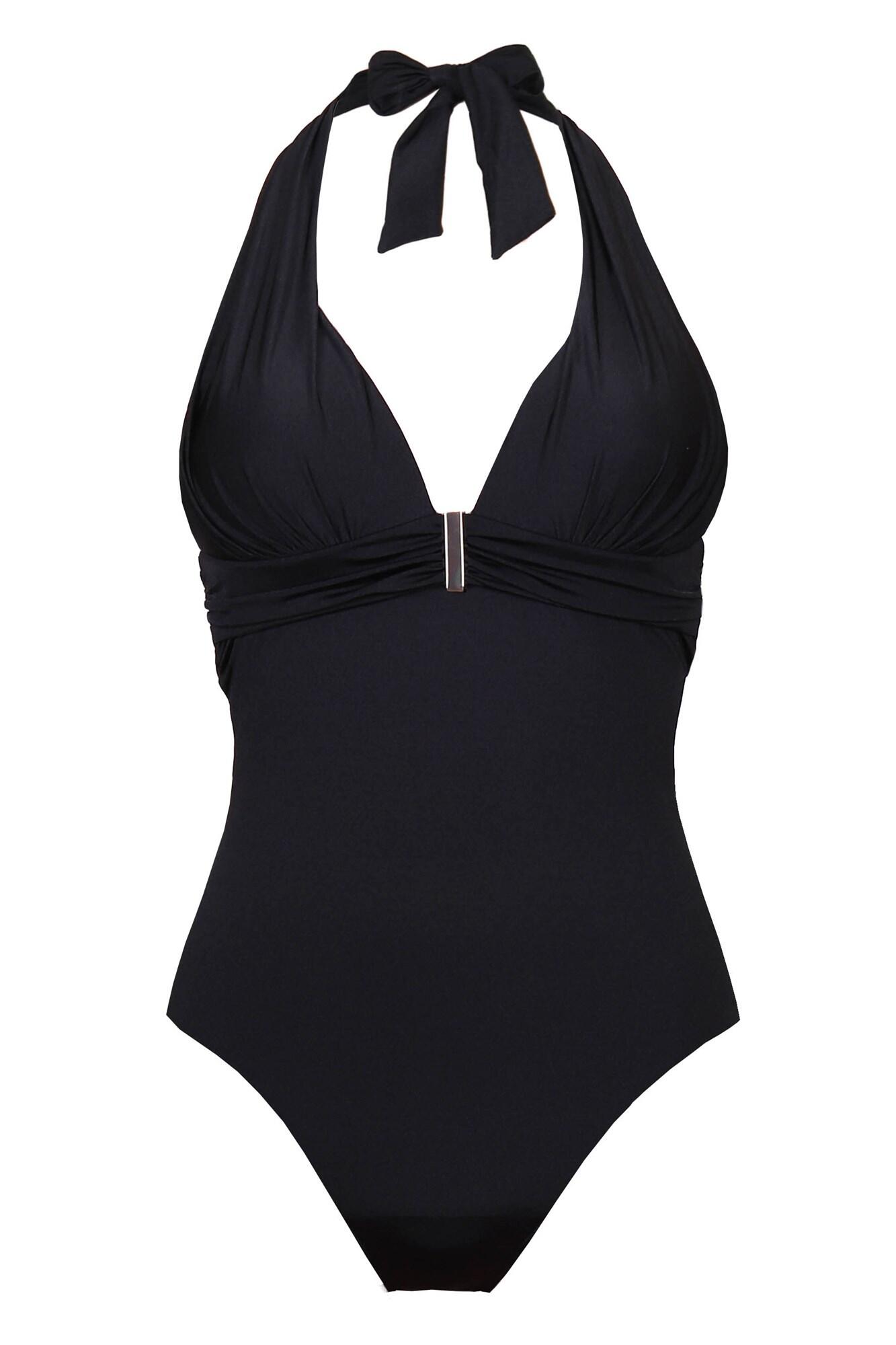 Cote D'Azur Padded Non Wired Halter Control Swimsuit | Black | Pour Moi