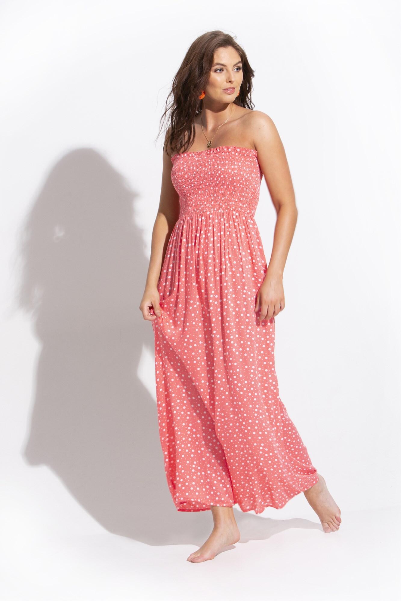 Removable Straps Shirred Bodice Maxi Dress | Coral/White | Pour Moi