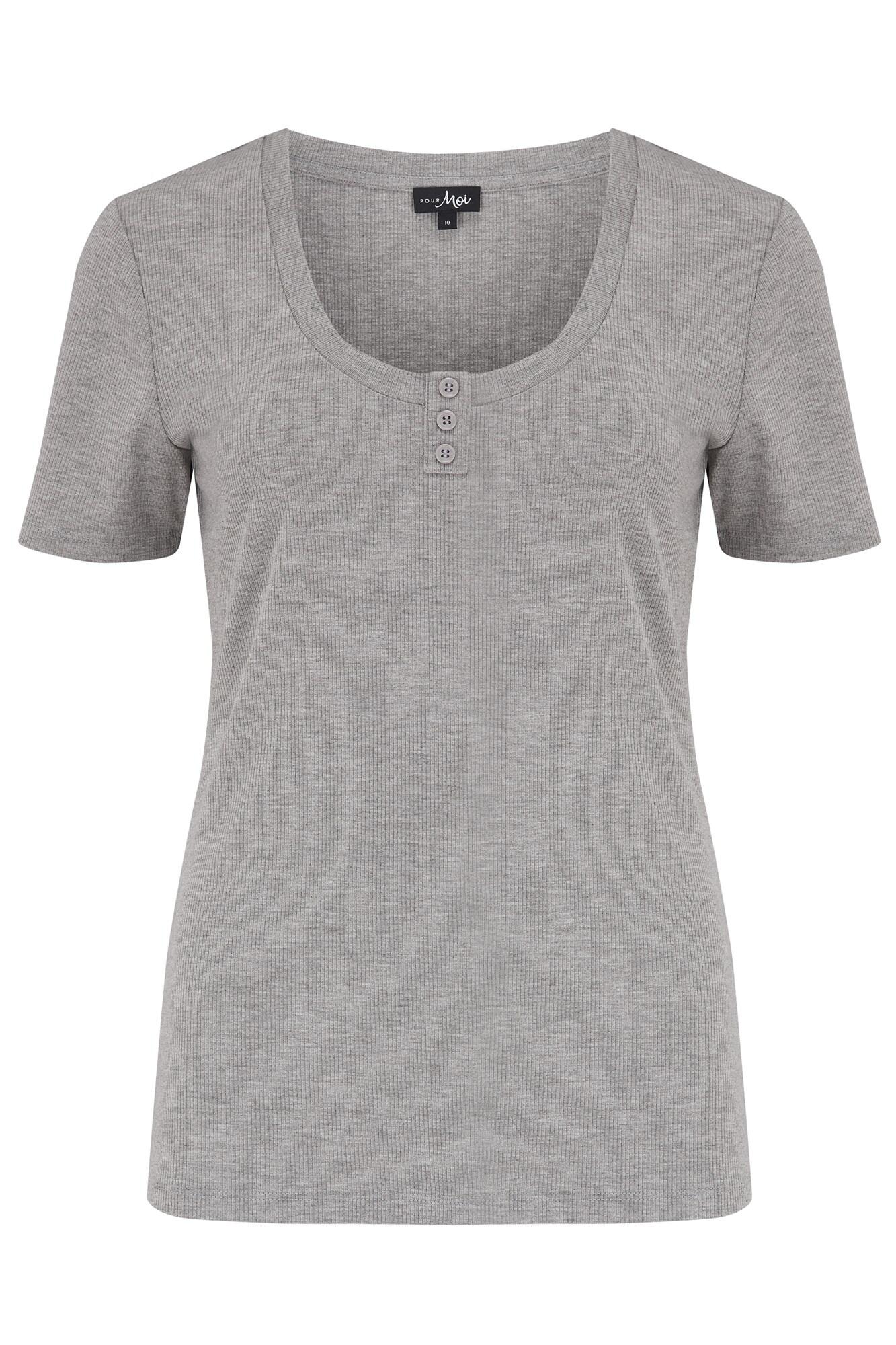 Isla Button Front Henley Rib Jersey T-Shirt in Grey Marl | Pour Moi