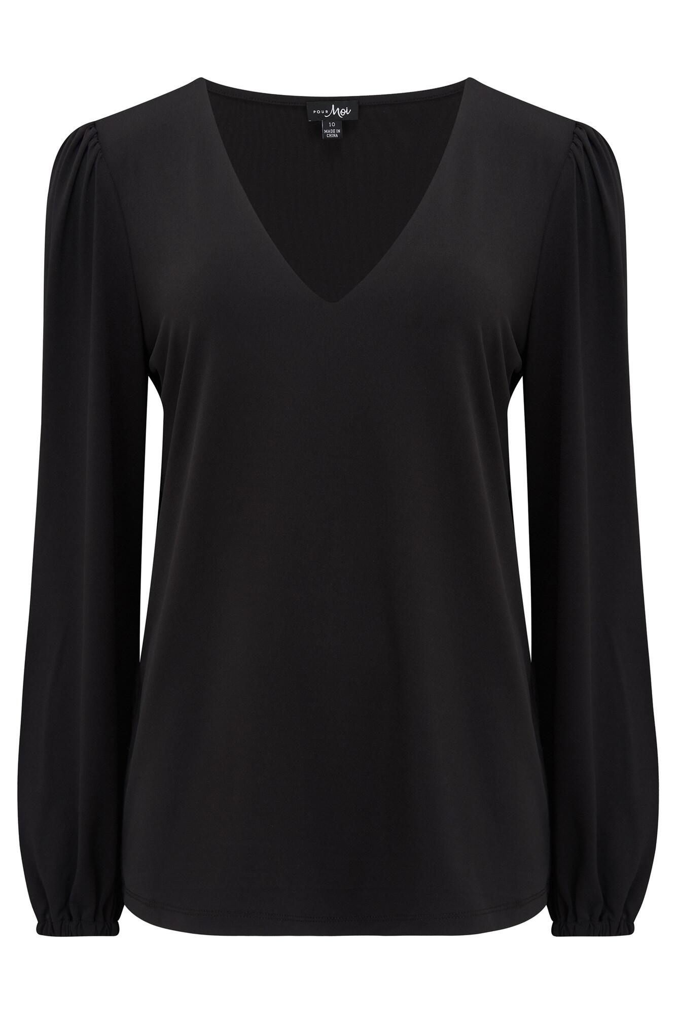 Bryony Slinky Stretch Jersey Puff Sleeve V Neck Top | Black | Pour Moi