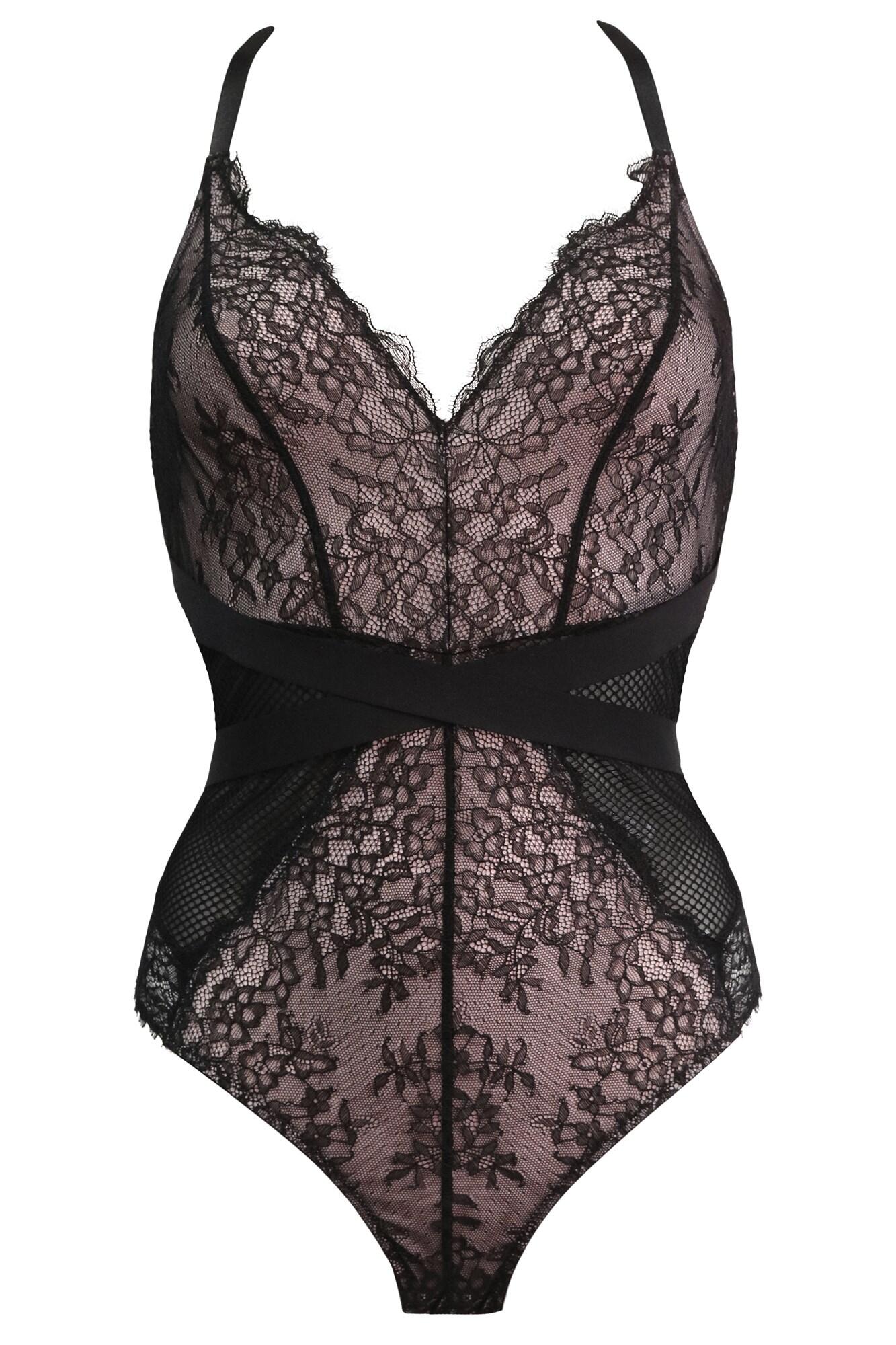 Dark Romance Plunge Non Wired Body in Black/Pink | Pour Moi