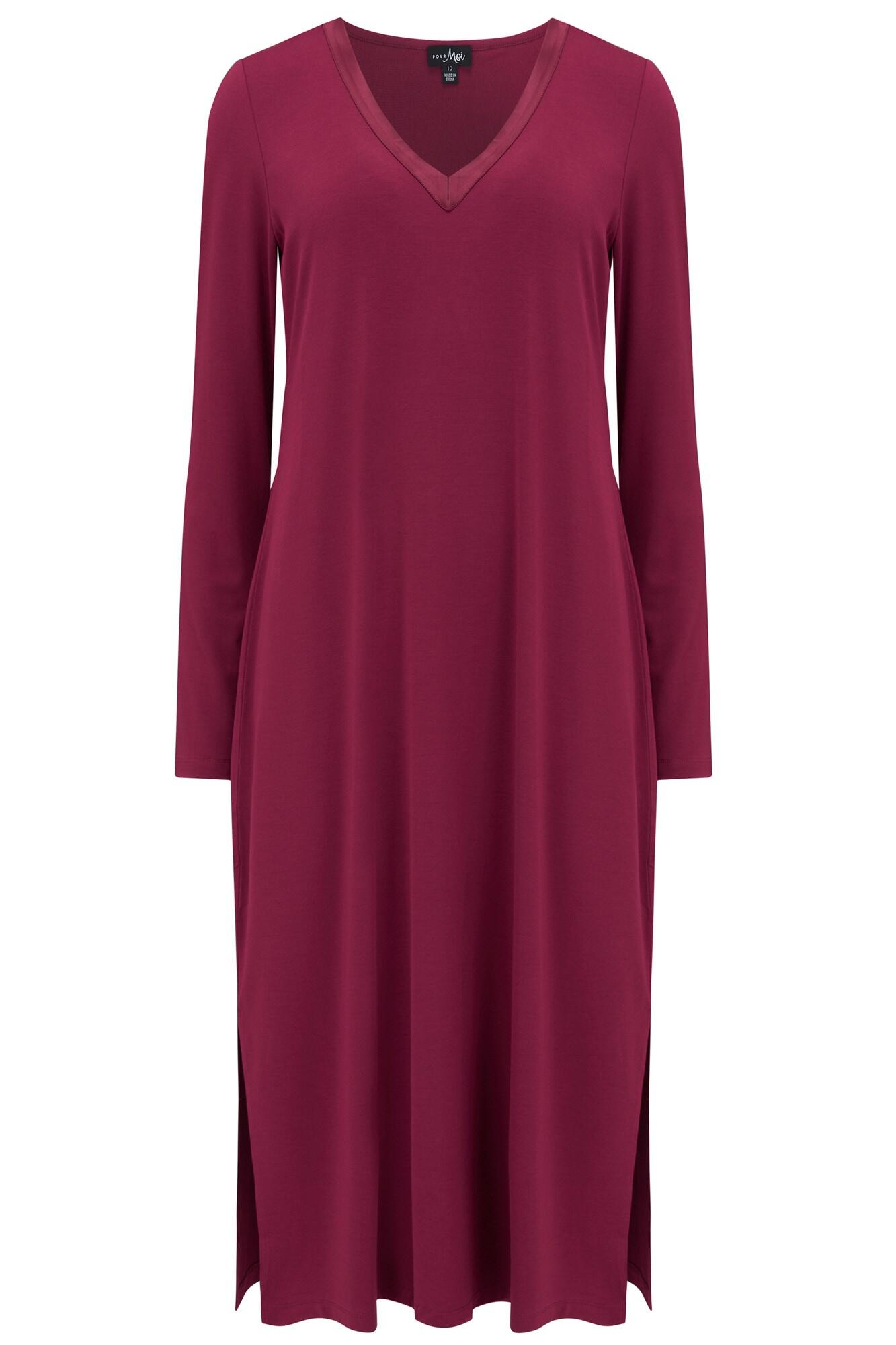 Modal Jersey Long Sleeve V-Neck Hidden Support Nightdress in Berry ...