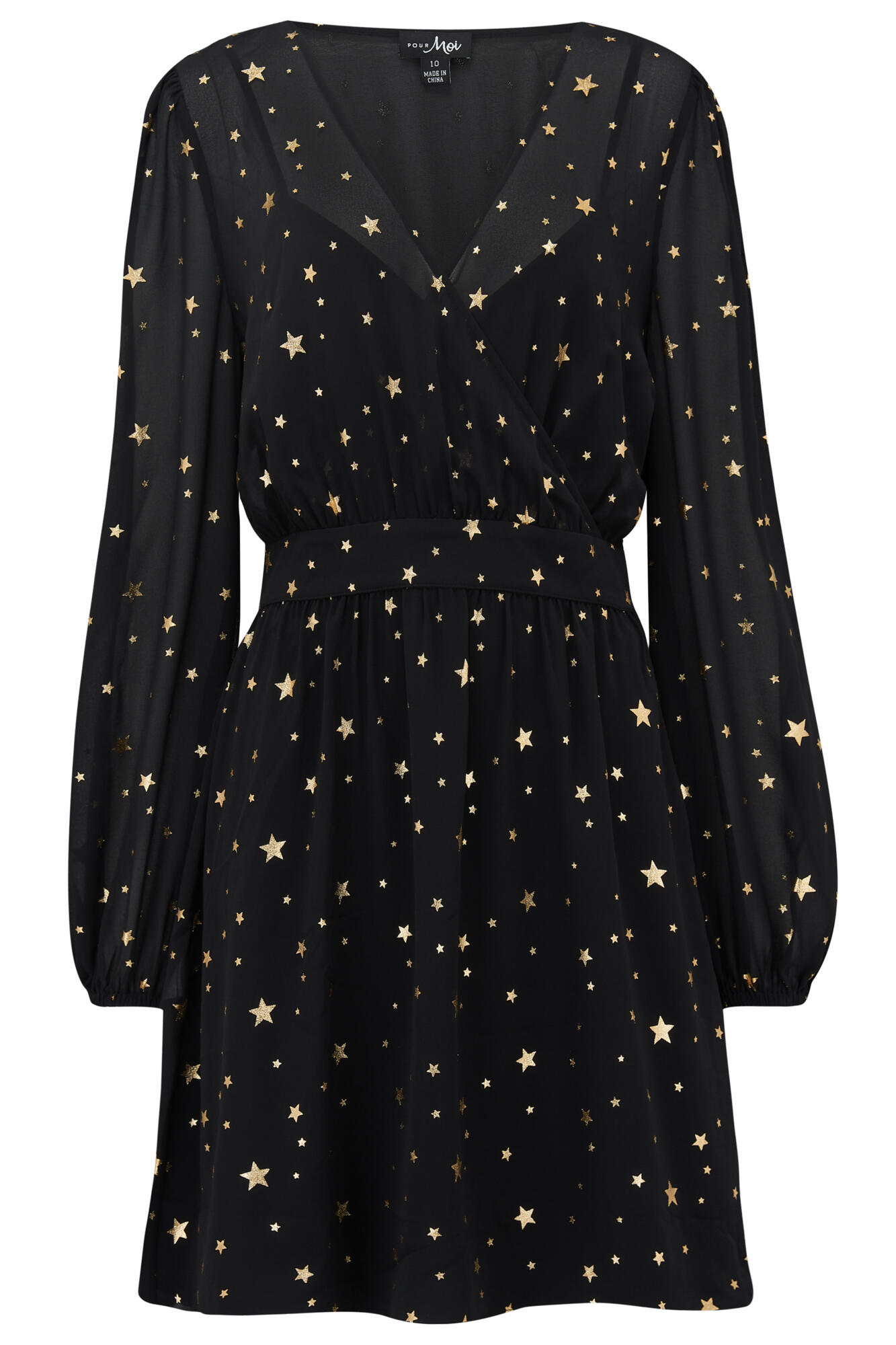 Natalya Chiffon Puff Sleeve Dress in Black/Gold | Pour Moi