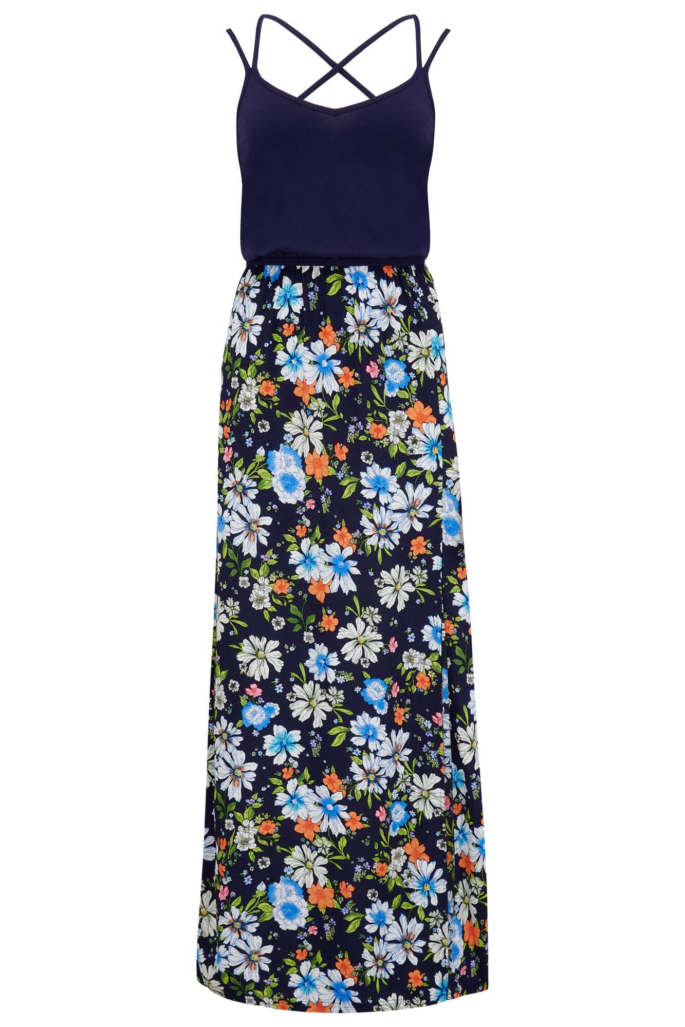 Cross Back Strappy Jersey Woven Mix Maxi Dress | Navy/Blue Floral ...