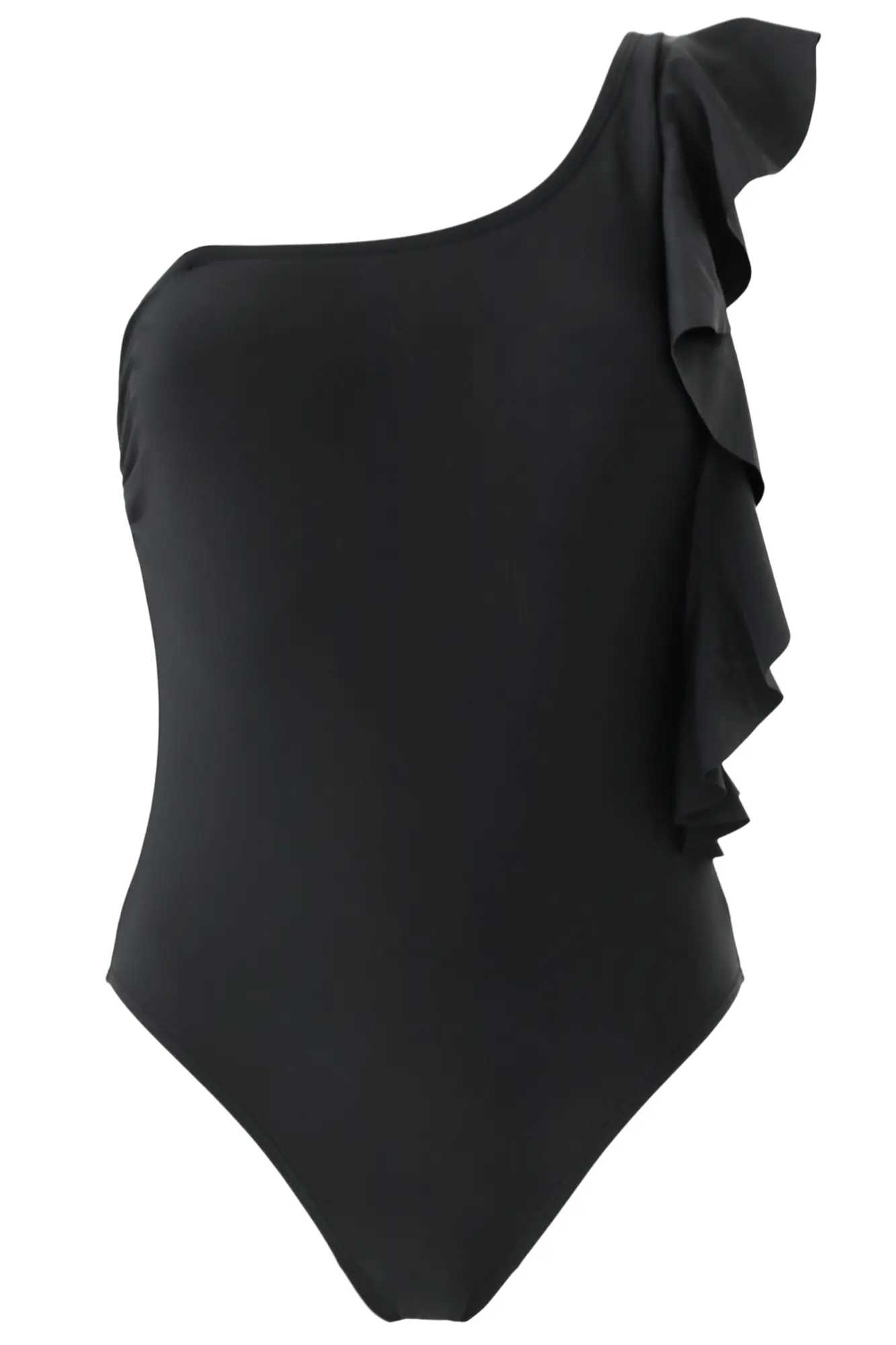 Frill Shoulder Control Swimsuit | Black | Pour Moi