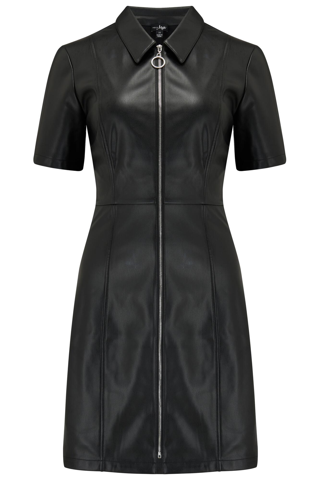 Ella Faux Leather Zip Through Mini Dress | Black | Pour Moi