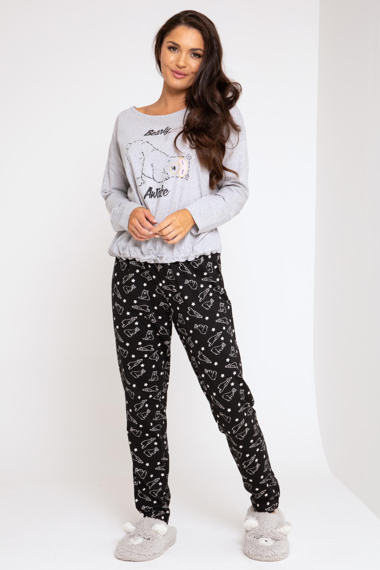 Bearly Awake Cotton Pyjama Set in Grey/Black | Pour Moi