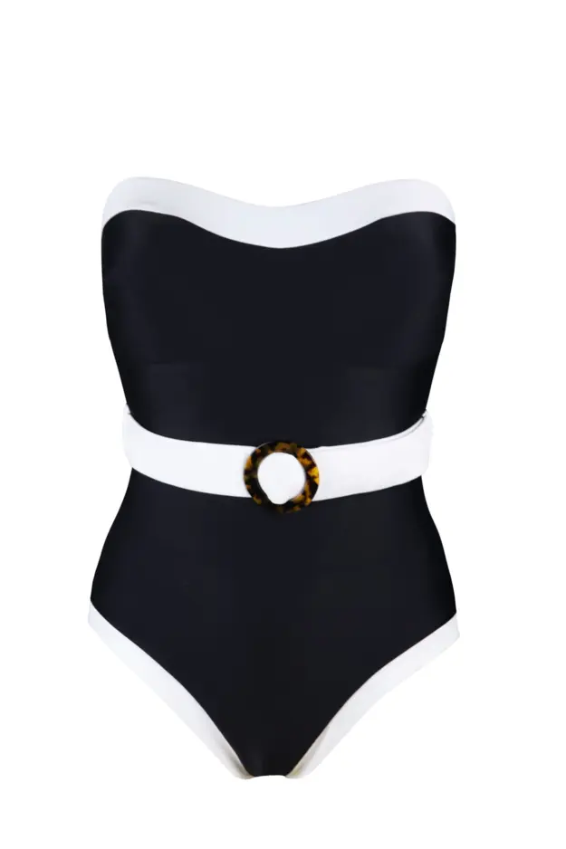 Strapless Belted High Leg Tummy Control Swimsuit in Black/White | Pour Moi