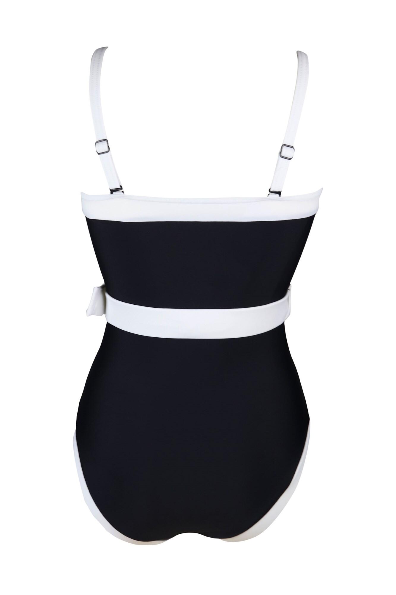 black and white belted swimsuit