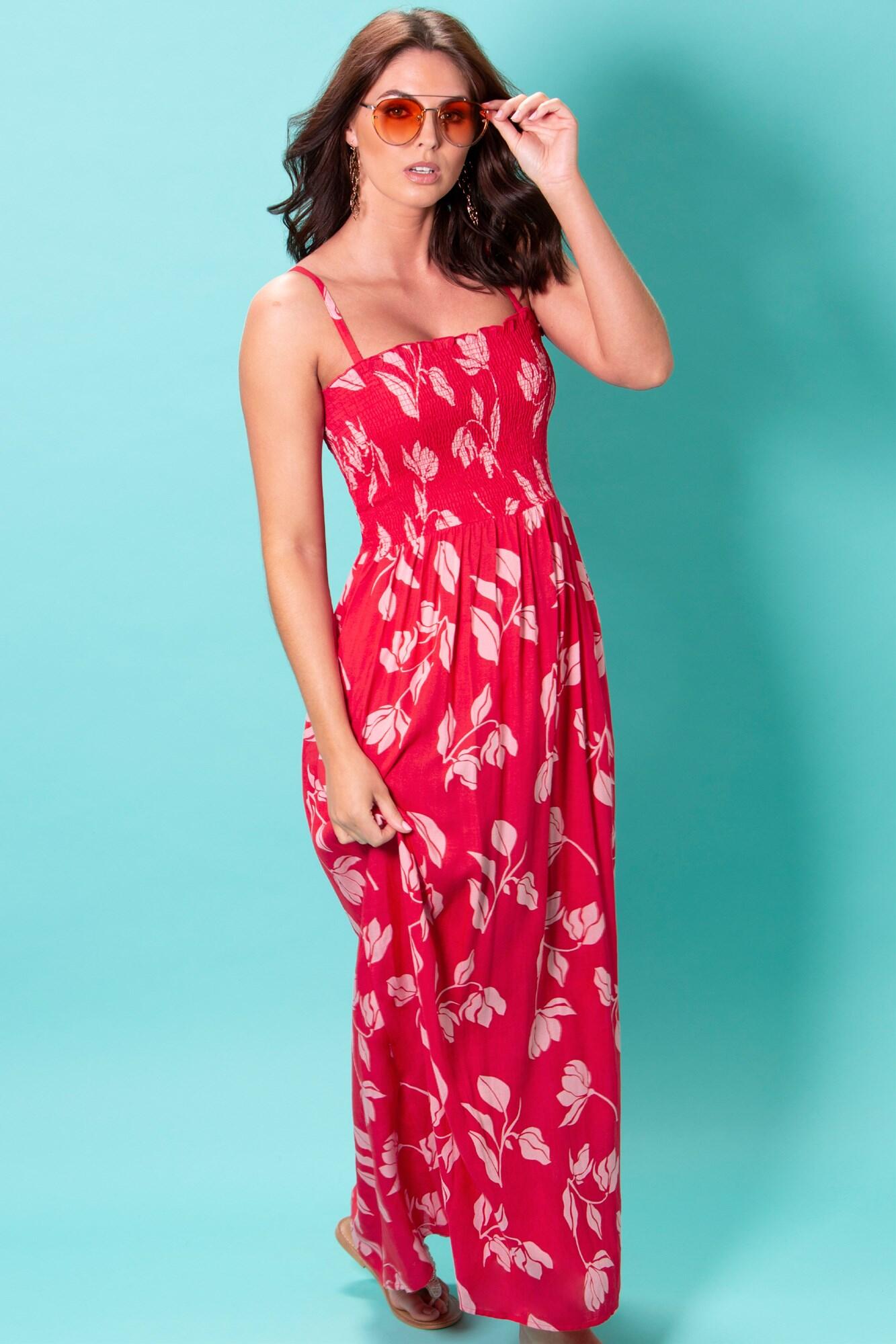 Removable Straps Shirred Bodice Maxi Dress | Red/Pink | Pour Moi