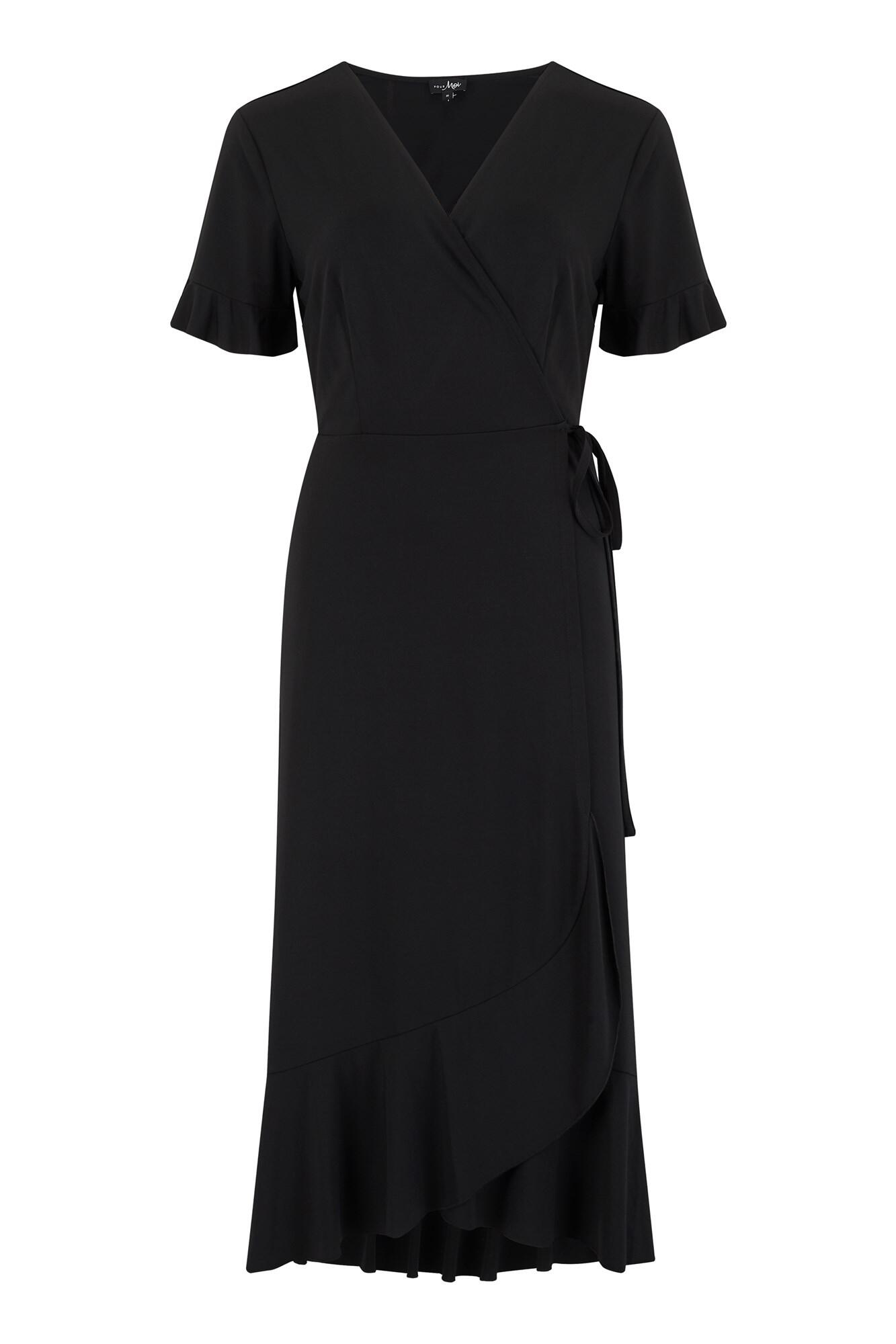 Megan Slinky Jersey Frill Detail Midi Wrap Dress | Black | Pour Moi