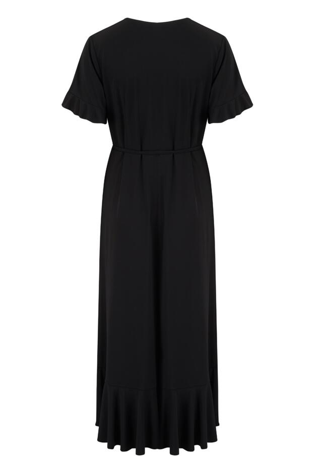 Megan Slinky Jersey Frill Detail Midi Wrap Dress - Black