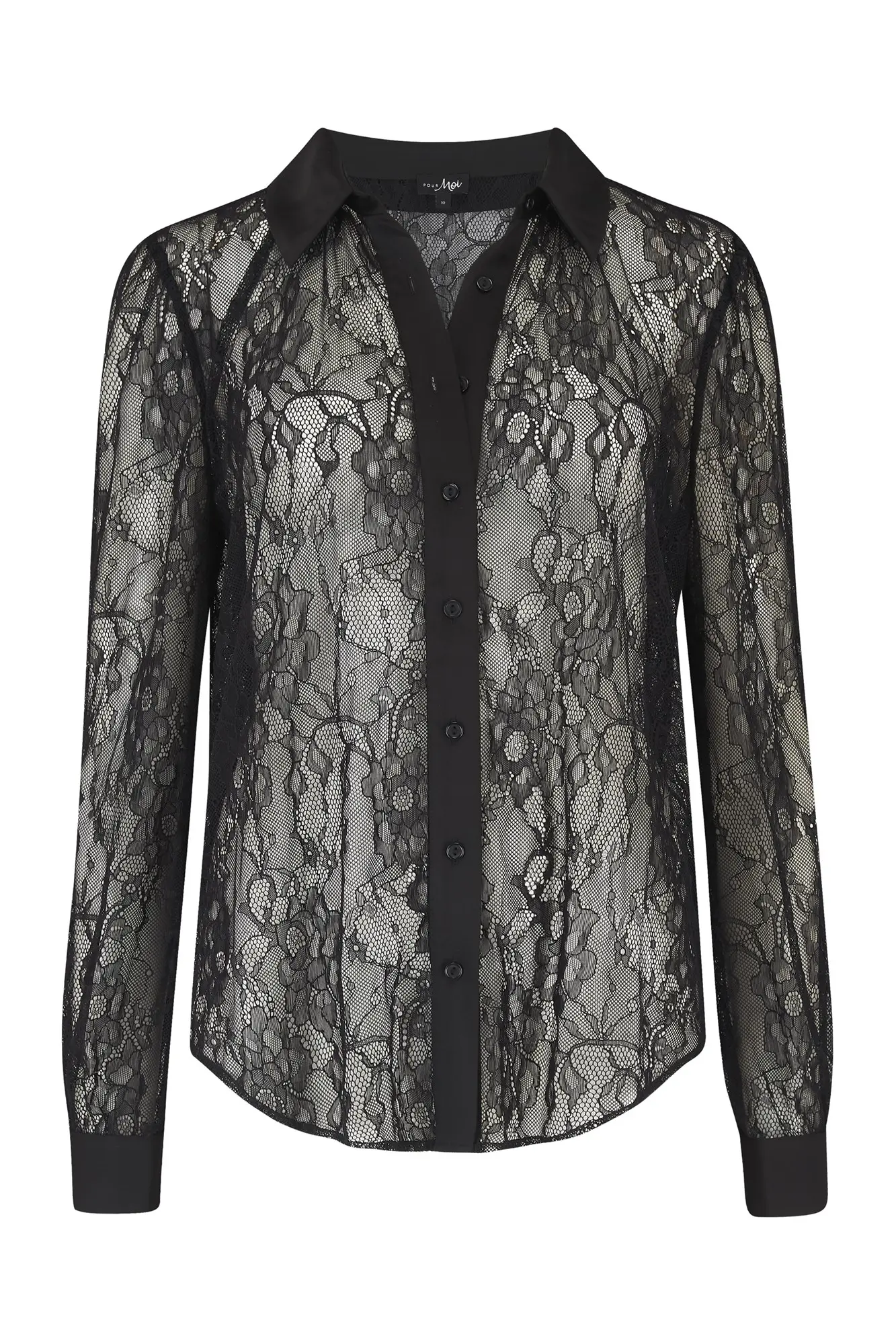 Clara Lace Button Front Long Sleeve Shirt | Black | Pour Moi