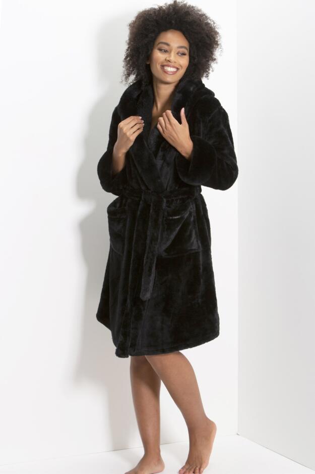 Cosy Faux Fur Trim Hooded Dressing Gown