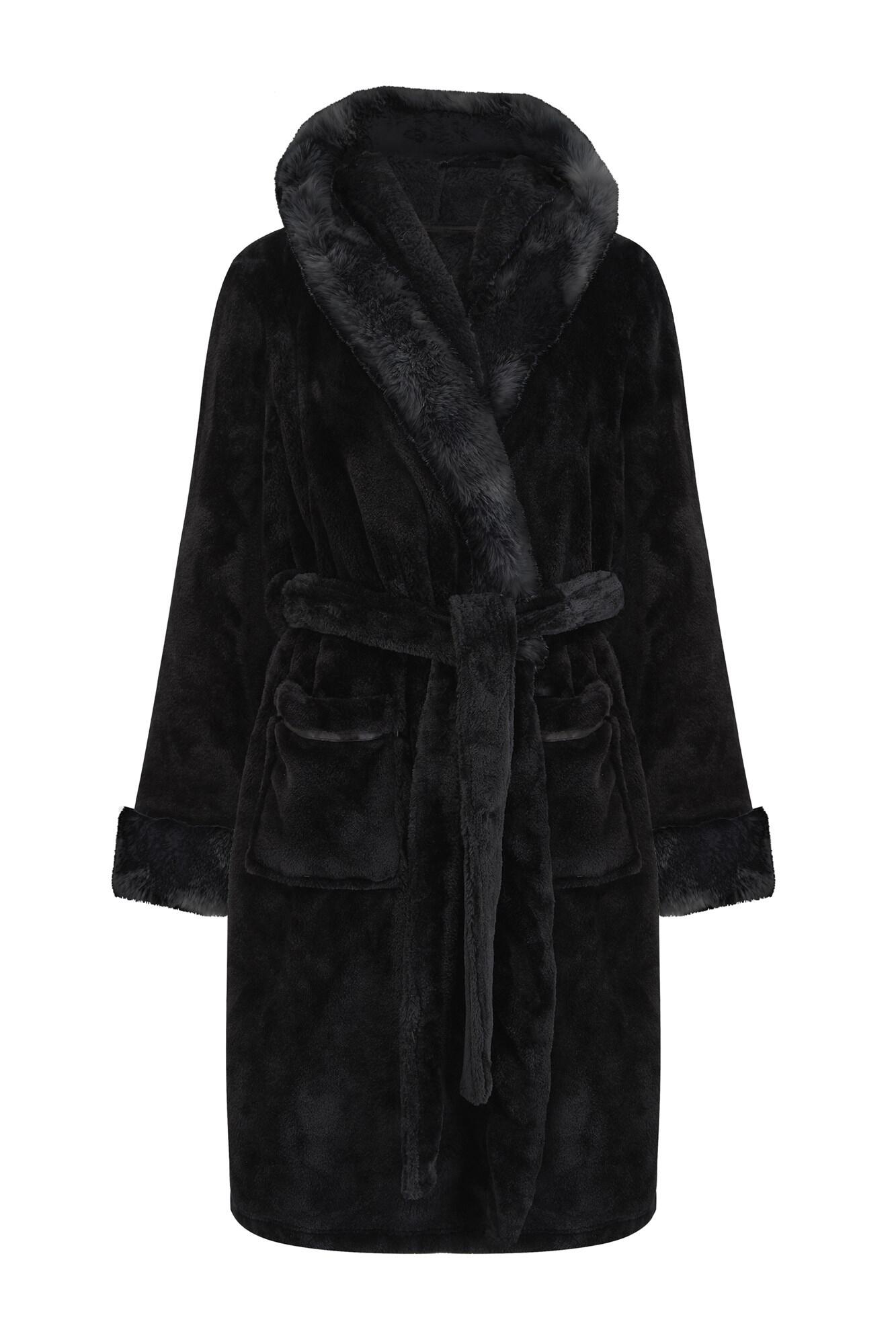 black fluffy dressing gown