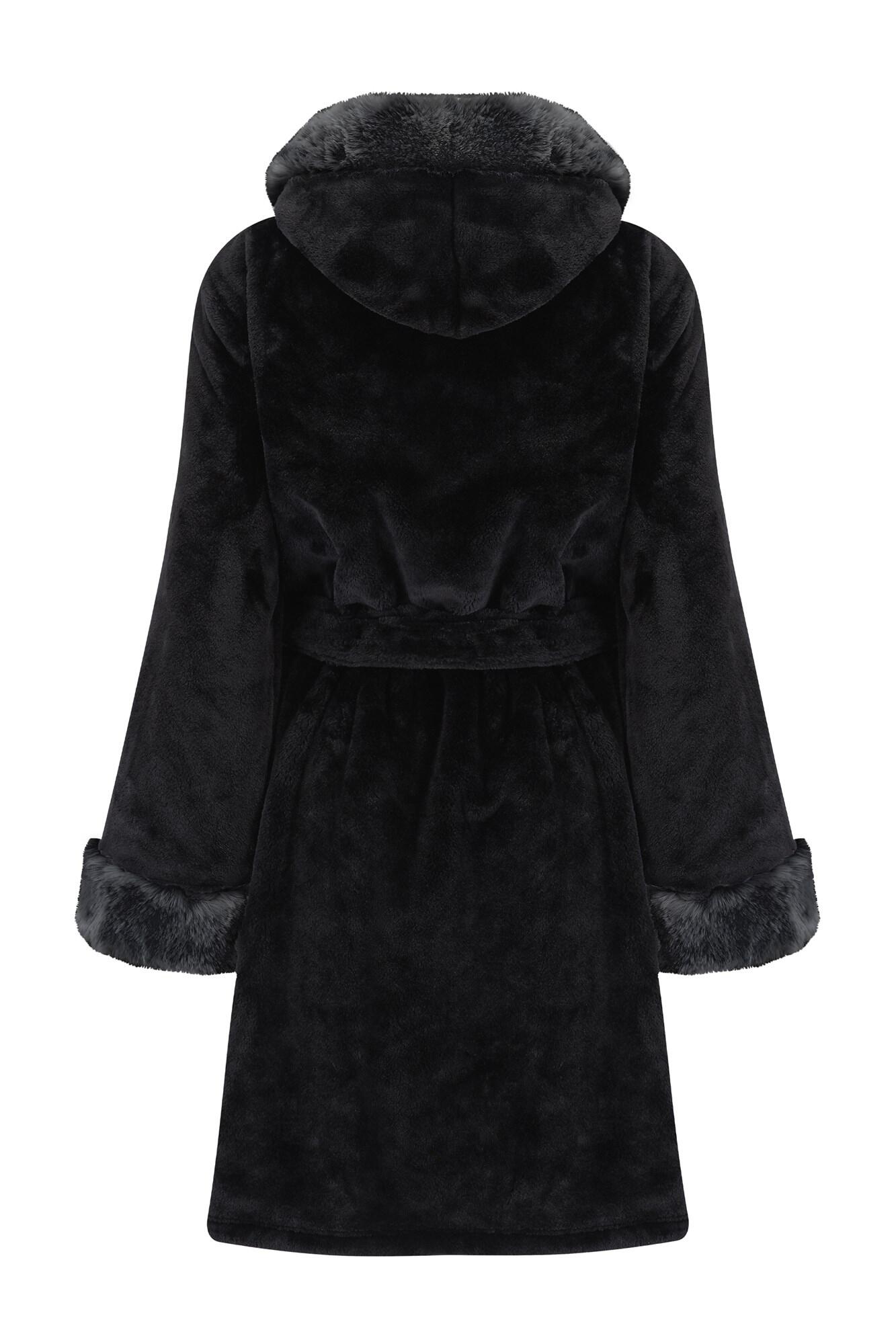 black fluffy hooded dressing gown