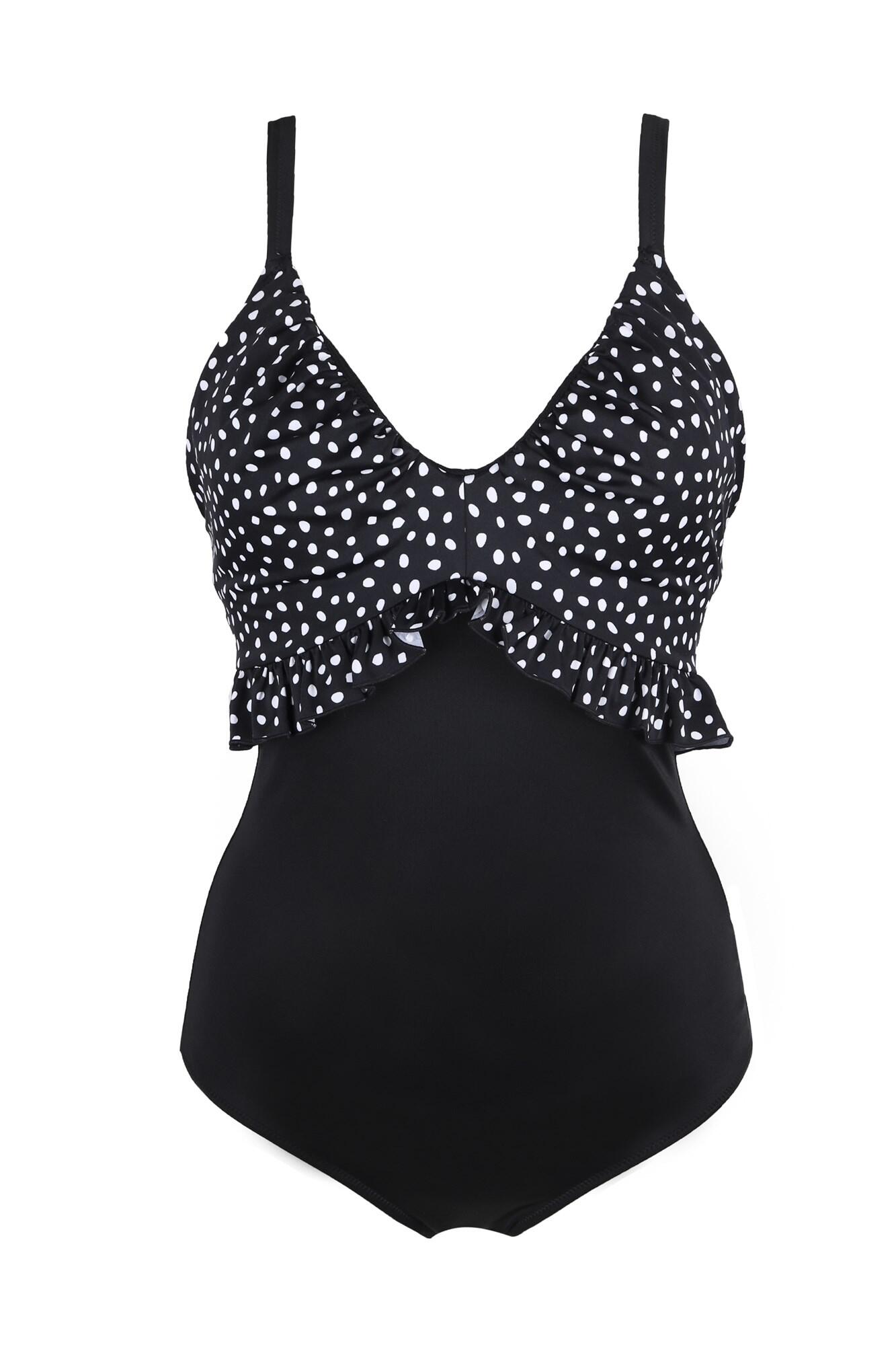 Hot Spots Frill Tummy Control Swimsuit in Black/White | Pour Moi