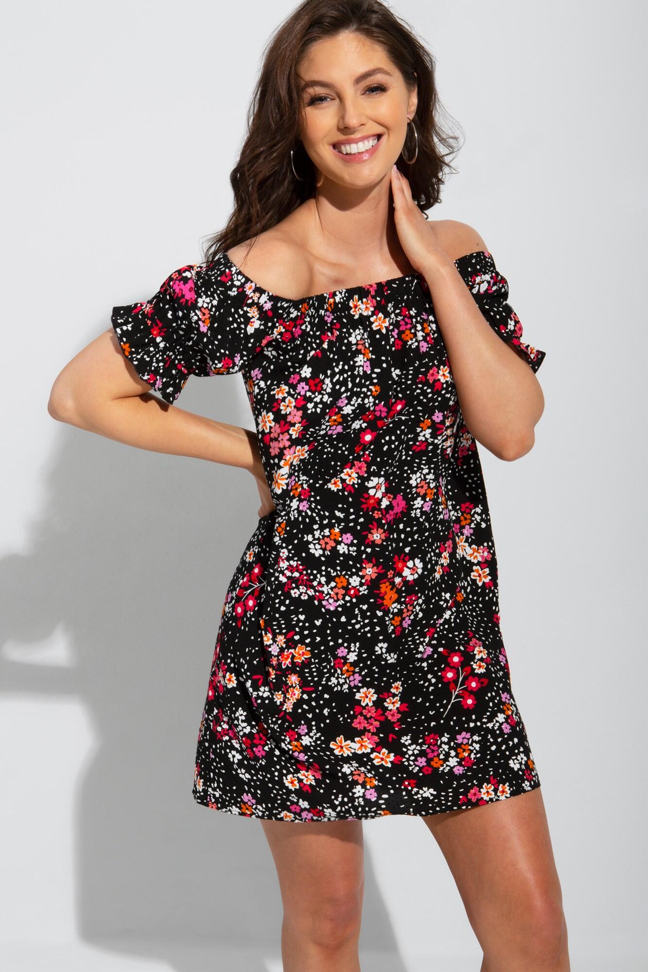 Textured Woven Bardot Puff Sleeve Beach Dress in Black Floral | Pour Moi