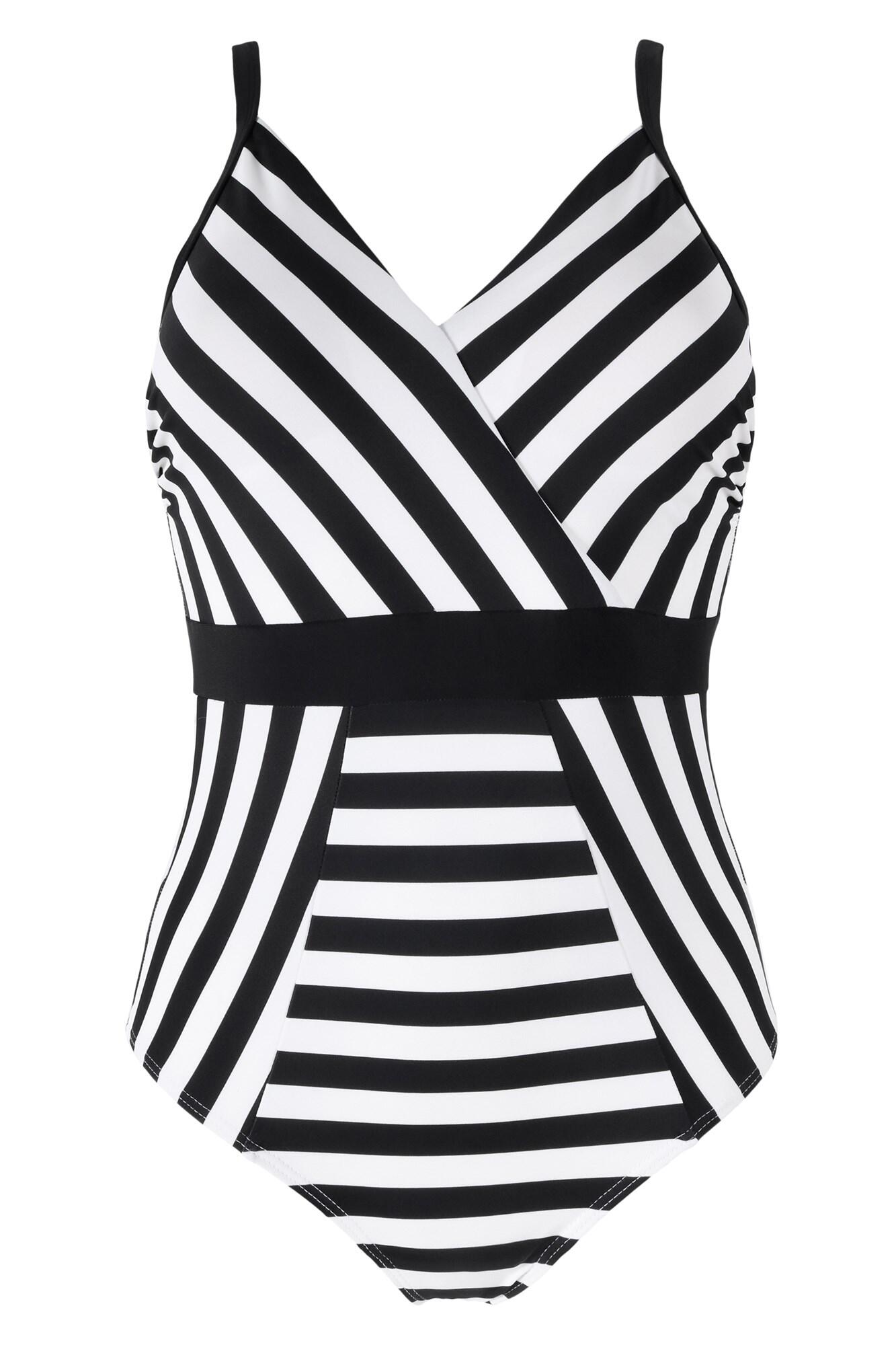 Stripe Panelled Control Swimsuit | Black/White | Pour Moi