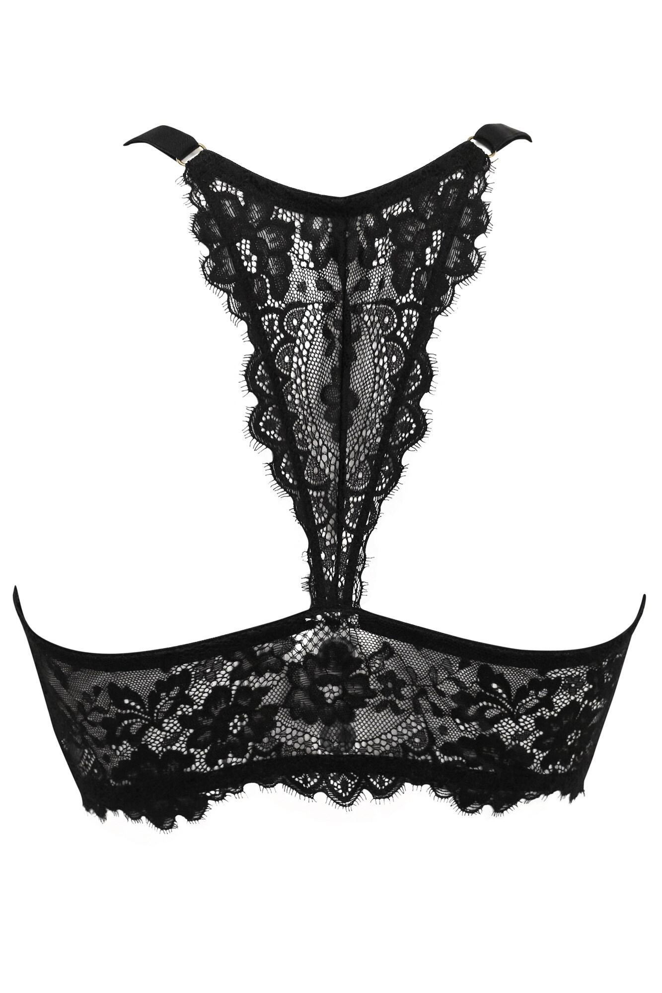 India Eyelash Lace Front Fastening Non Wired Bralette, Black
