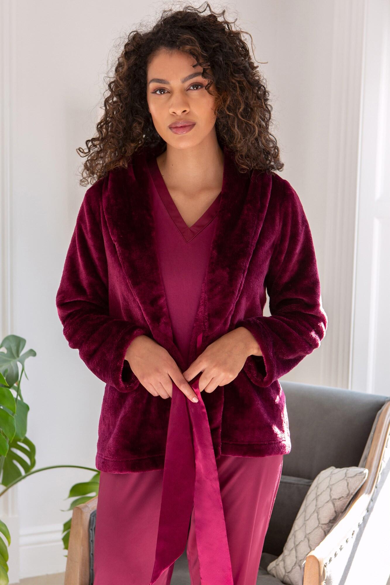 Satin Trim Dressing Gown Jacket Berry Pour Moi