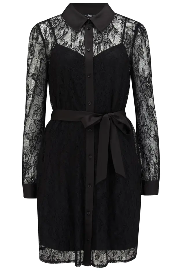 Clara Long Sleeve Lace Shirt Dress | Black | Pour Moi