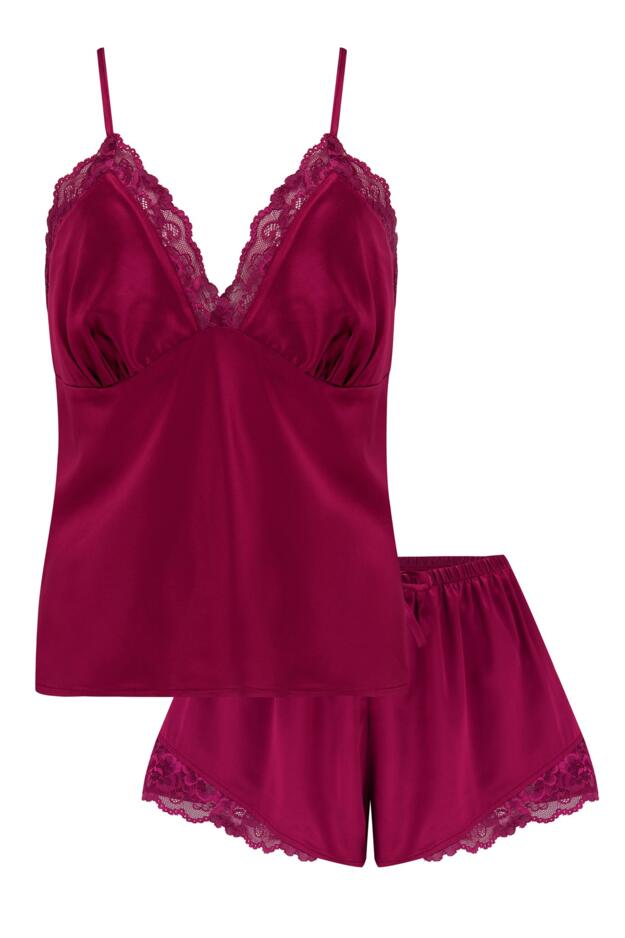 Dusk Satin Lace Trim Cami and Short in Berry | Pour Moi
